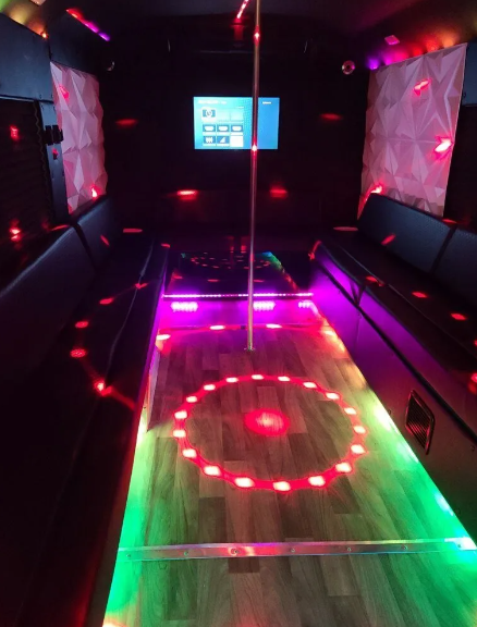 Tuxedo party bus inside view lights on