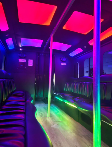 black san antonio party bus inside view for 20 passengers lights on