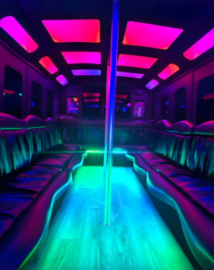 black san antonio party bus inside view for 20 passengers