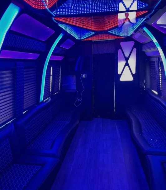 white san antinio party bus inside view 24 passengers lights on