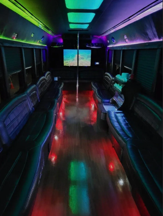 Super white san antonio party bus inside view with lights